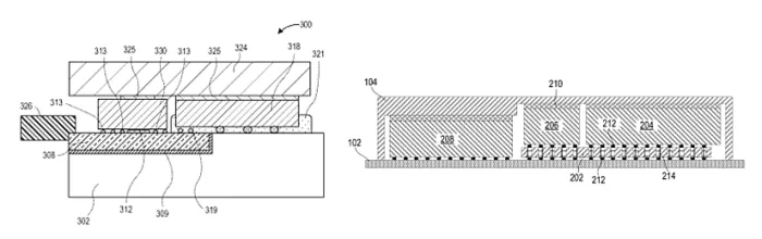 Thermal die and plug-based cooling for PIC/EIC packages (Intel, US20220413236, left image; Intel, US20250110301, right image).